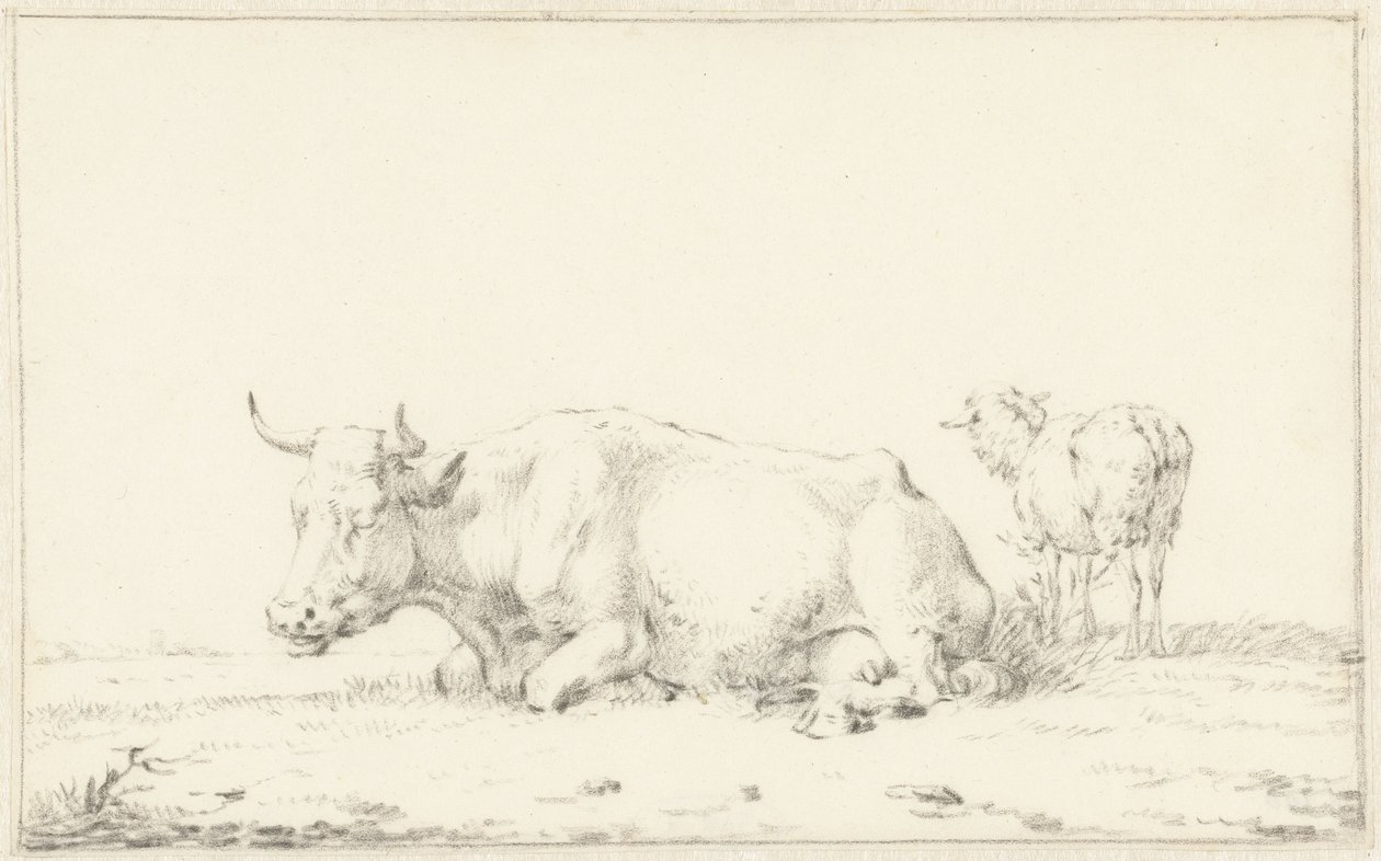 Lying Cow Facing Left and a Sheep on the Right by Jan Kobell (II)
