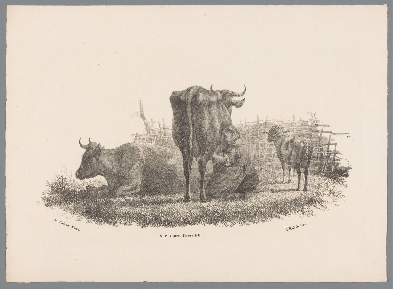 Milking farmer, two cows and a ram (series title: Animal Studies by J. Kobell after Paul Potter No. 1) by Jan Kobell (III)