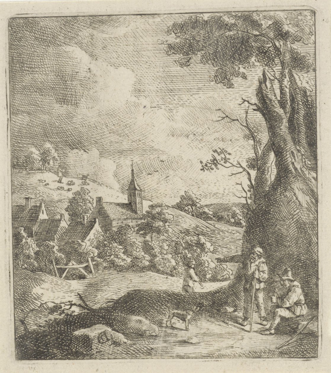 Landscape with a Village and Two Men by a Tree by Jan Lauwryn Krafft (I) (attributed to)