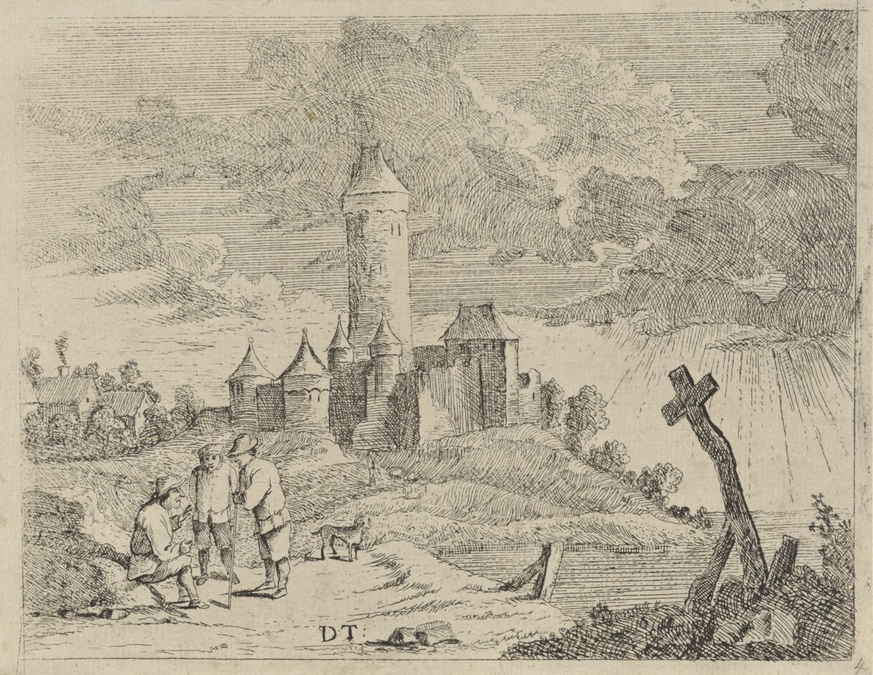 Landscape with Castle and Three Men by Jan Lauwryn Krafft (I) (possibly)