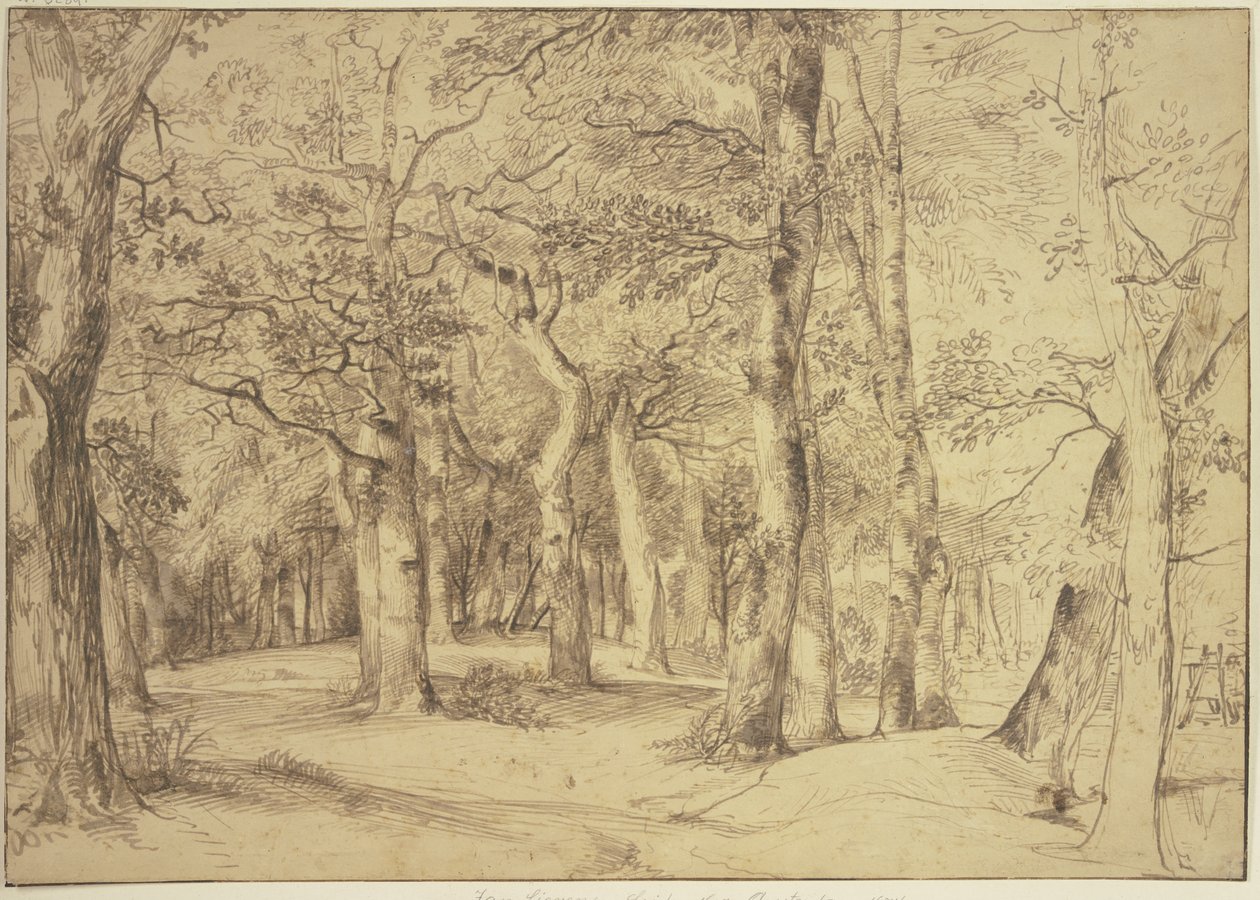 The interior of a forest, with a painter seated at an easel on the right by Jan Lievens