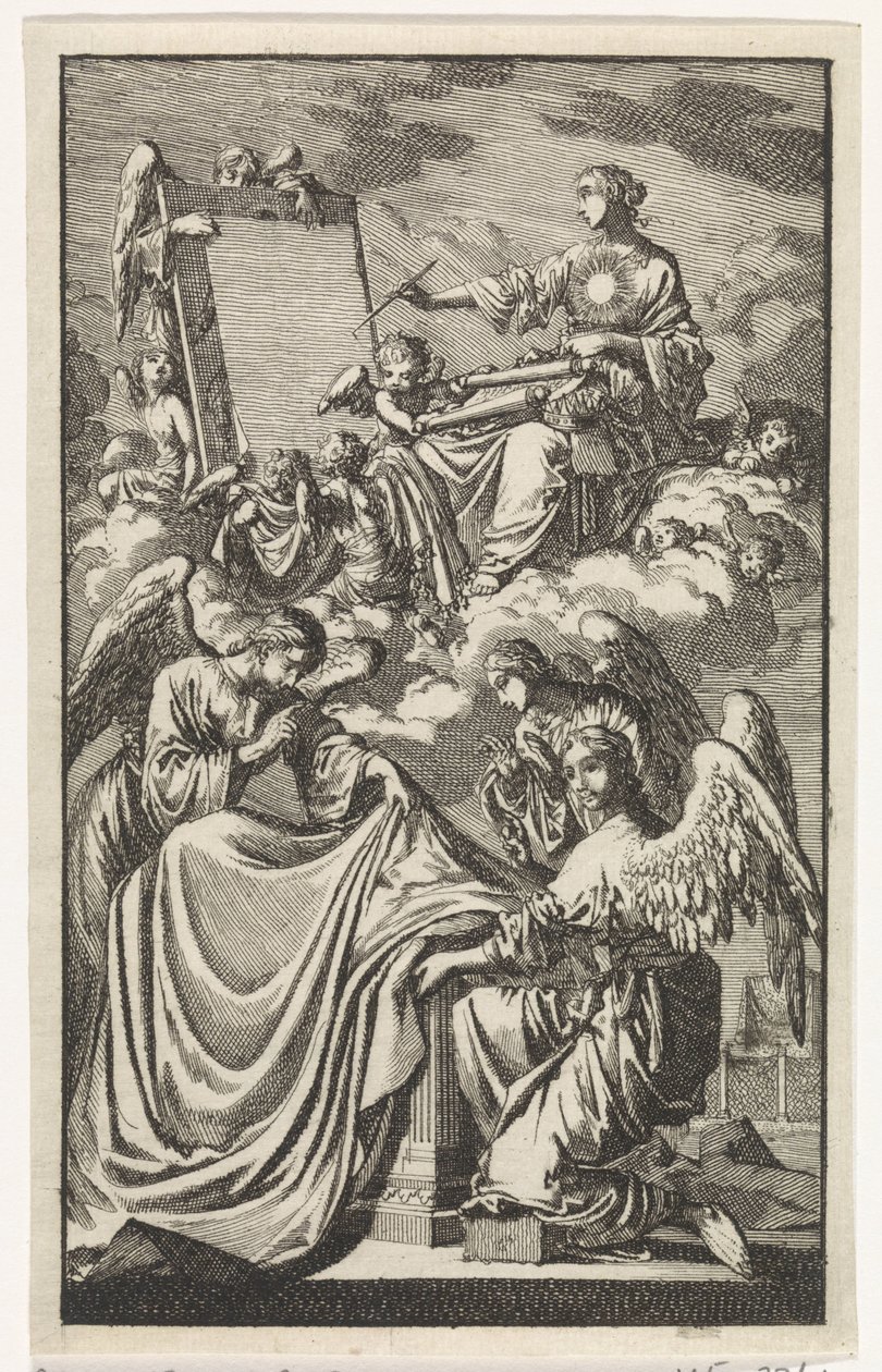 Allegorical Female Figure Writing on a Panel in the Clouds by Jan Luyken
