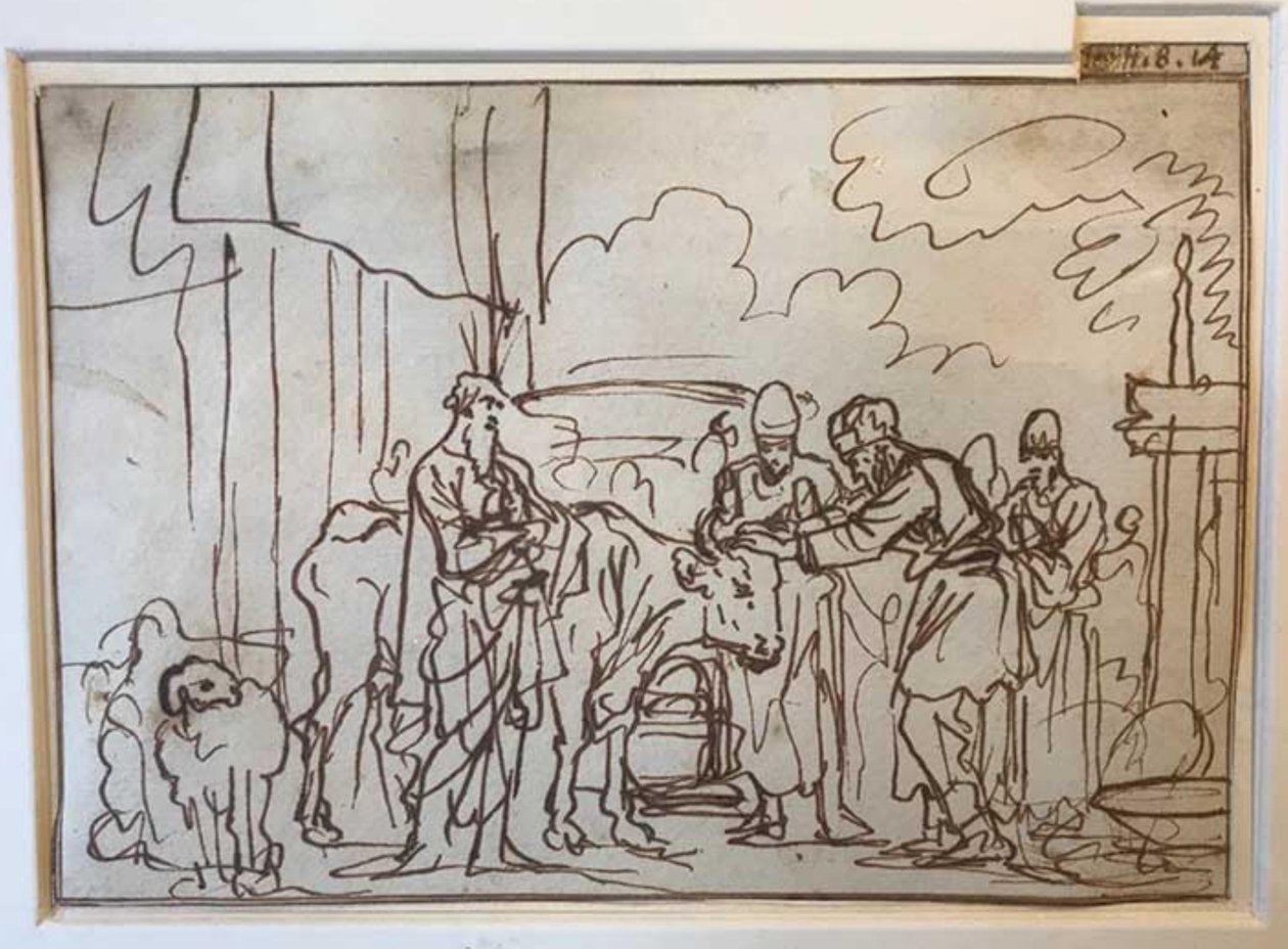 The Bull is Presented for the Sin Offering, Aaron and His Sons Lay Their Hands on Its Head (Lev. 8:14) by Jan Luyken