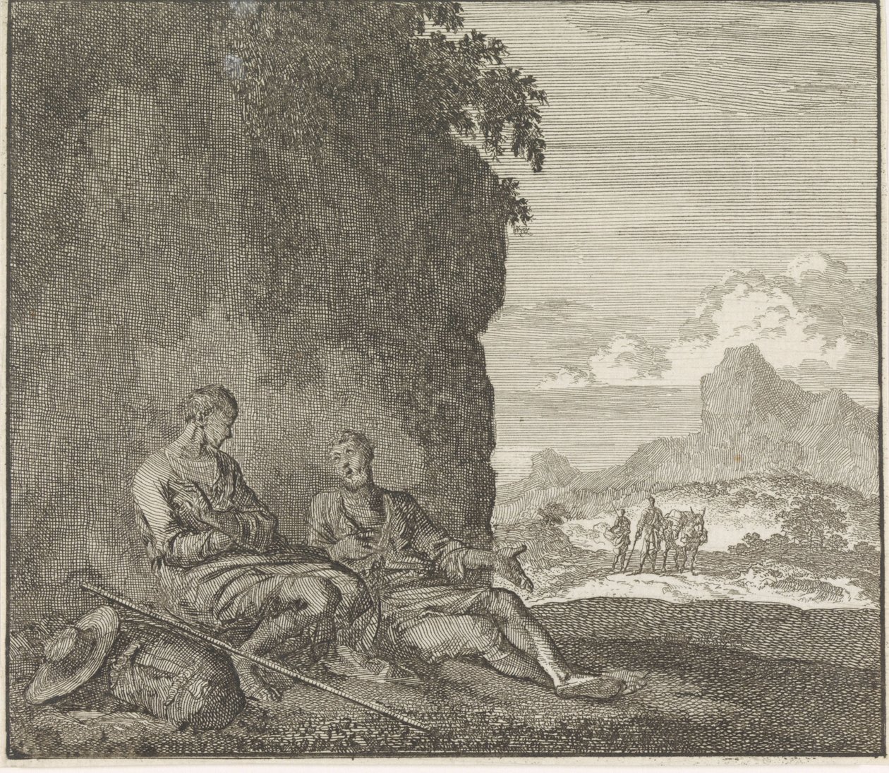 Emblem: Shadow, Two Travelers Resting in the Shadow of a Rock by Jan Luyken