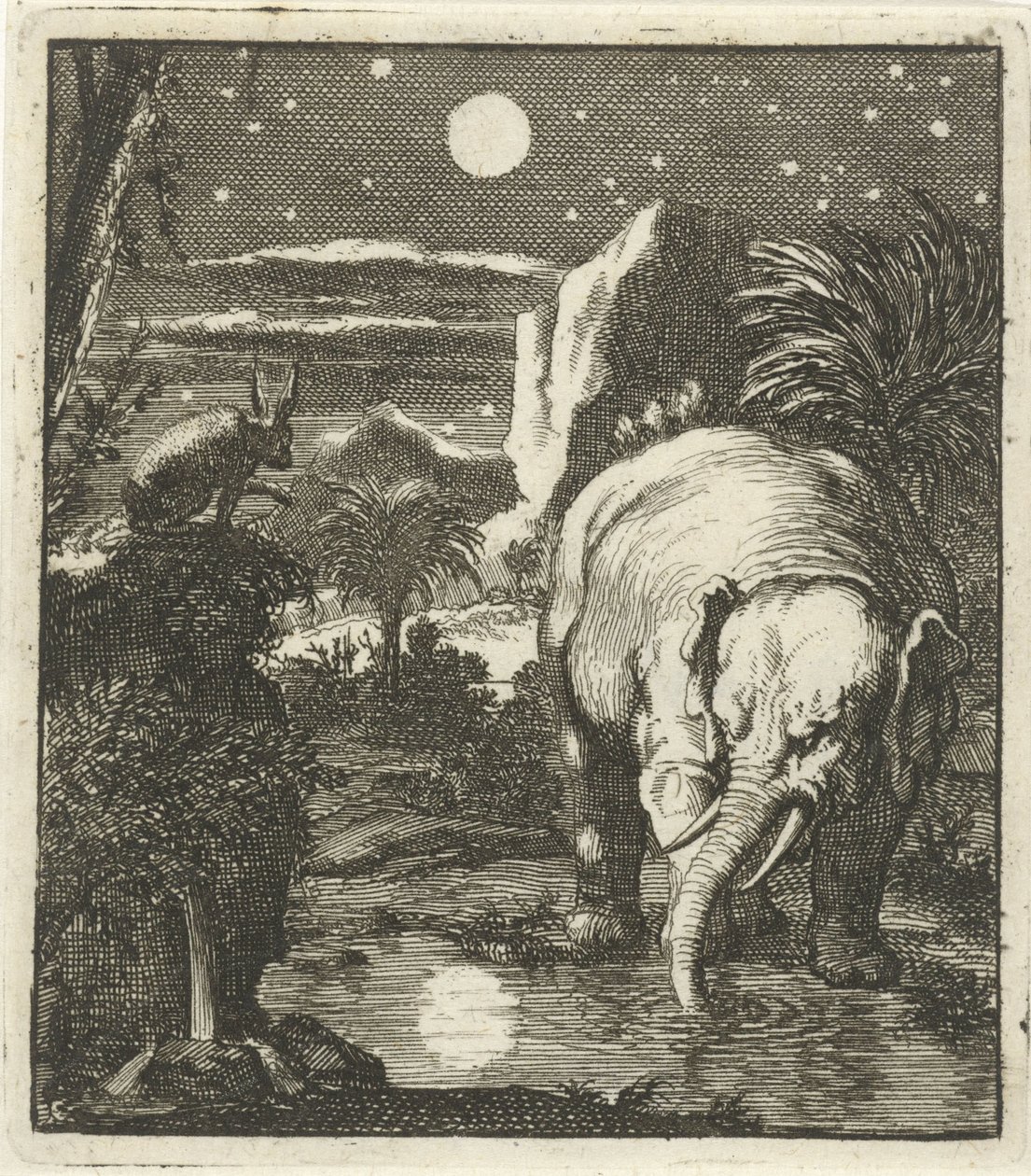 Hare and Elephant with Full Moon at a Water Source by Jan Luyken