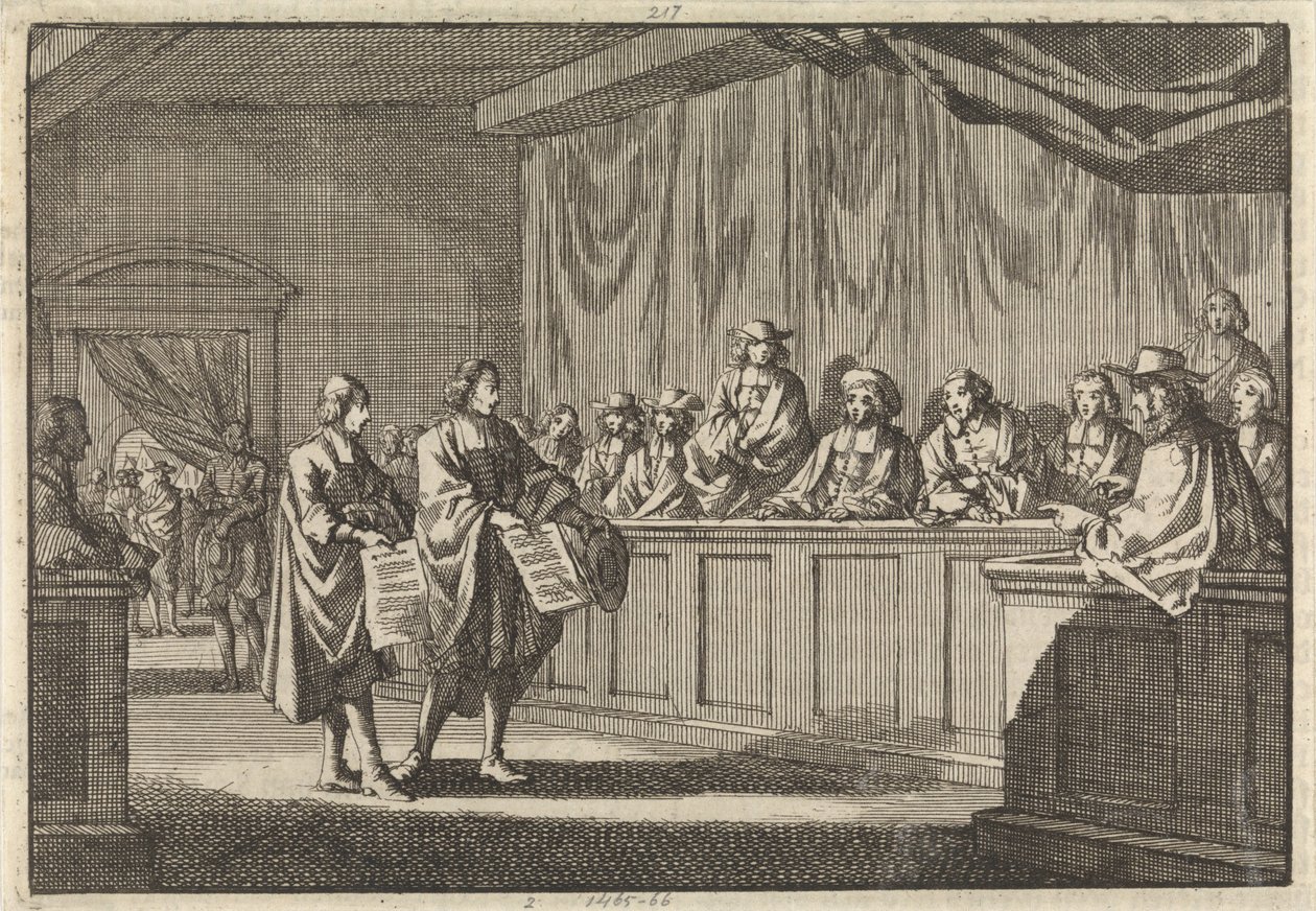 Reformed Pastors Gilly and Courdil Reading a Declaration at the Synod in Sorges Announcing Their Conversion to the Catholic Church, June 3, 1683 by Jan Luyken