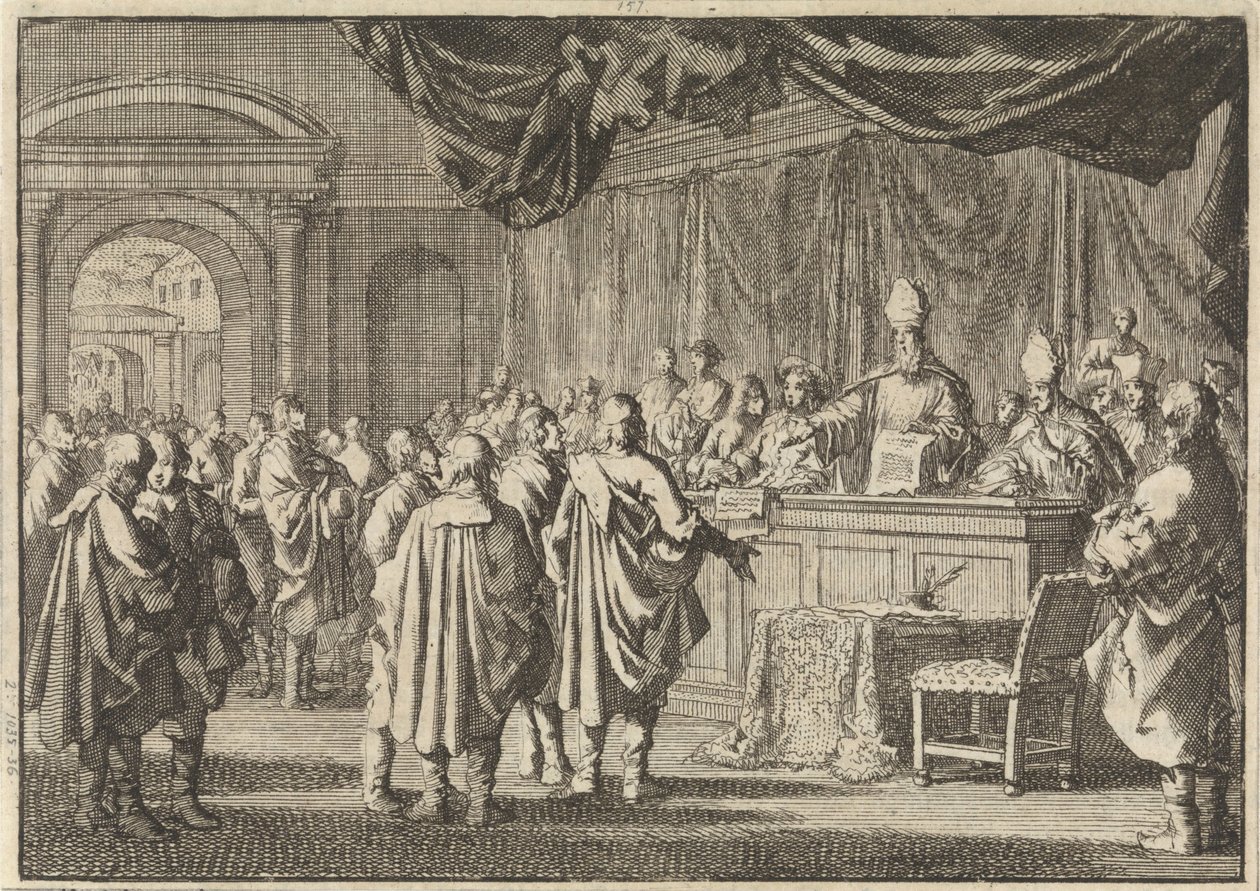 Reformed in Hungary Before a Court of Bishops and Other Catholics, 1670 by Jan Luyken