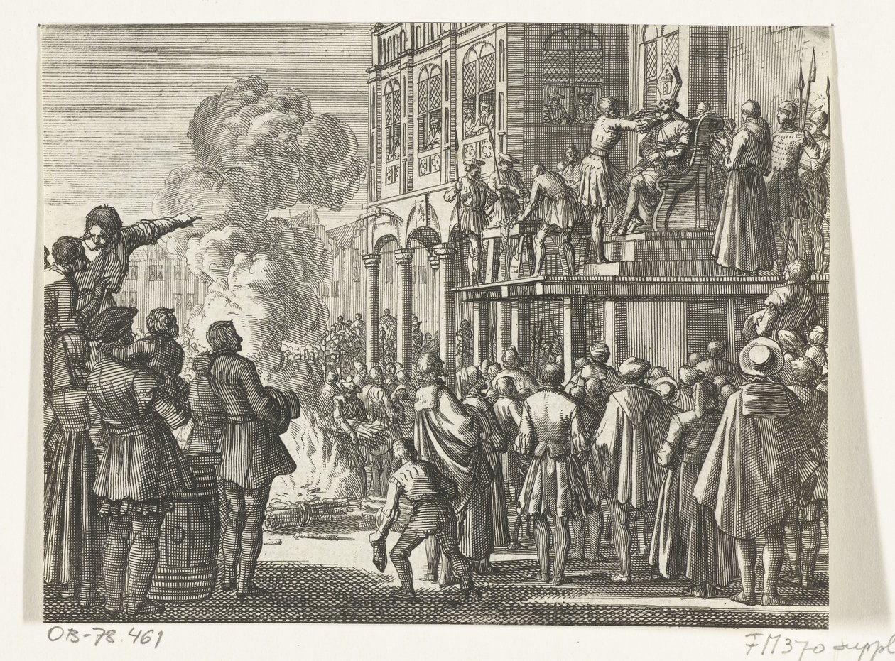 Jacob van Campen with Mitre on Head on the Scaffold in Amsterdam, 1535 by Jan Luyken
