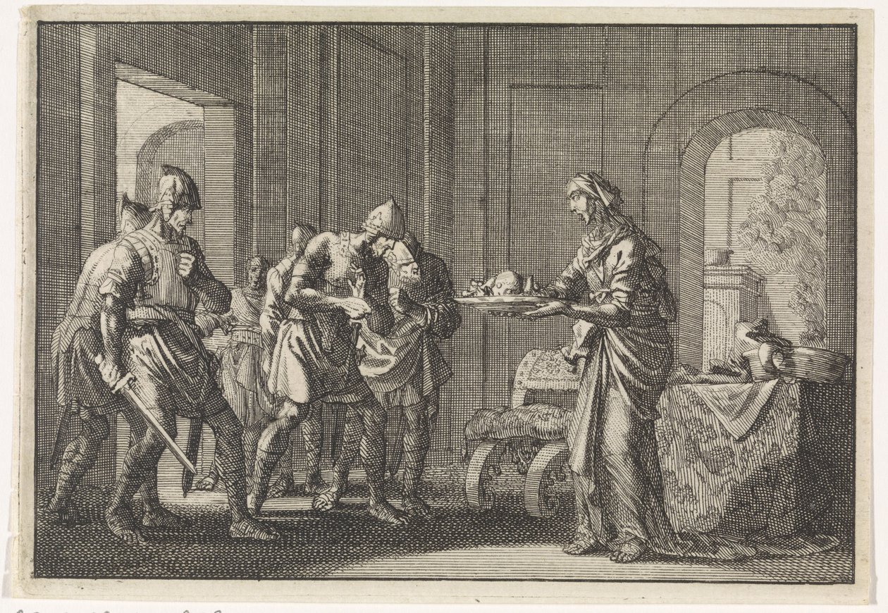 Mother shows warriors the remains of her eaten child during the famine in Jerusalem by Jan Luyken