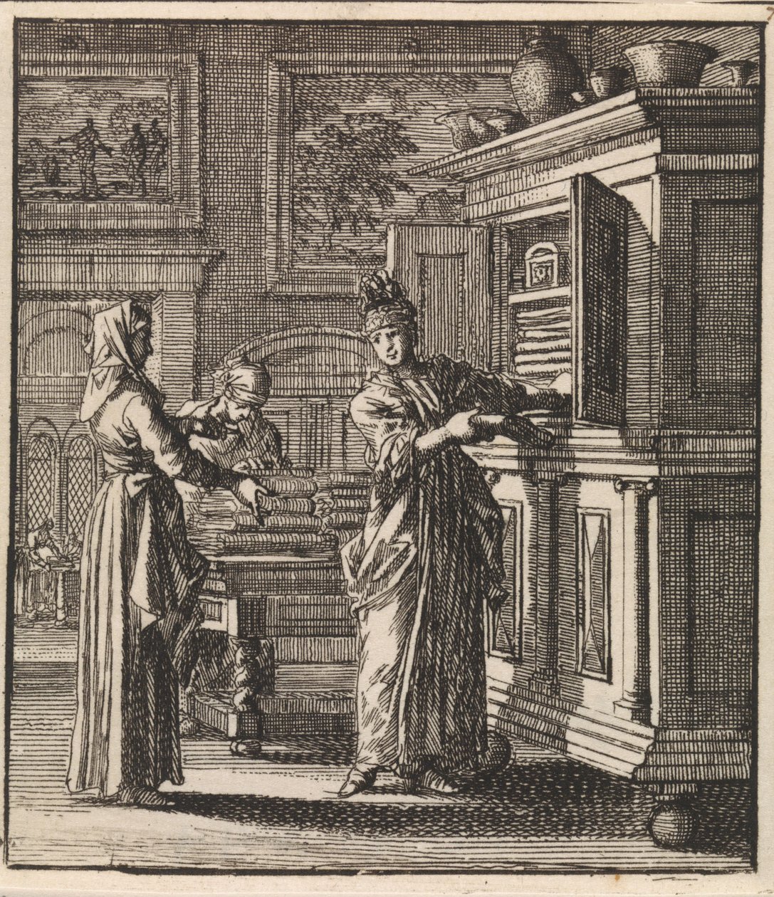 Woman Takes Things Out of a Cupboard by Jan Luyken