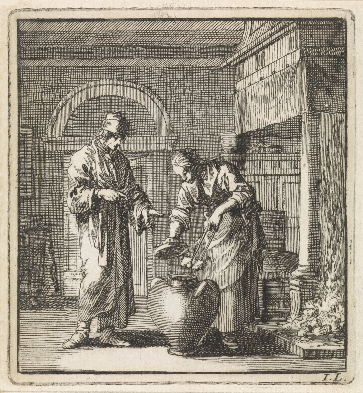 Woman Putting a Glowing Coal in the Extinguisher (The Extinguisher) by Jan Luyken