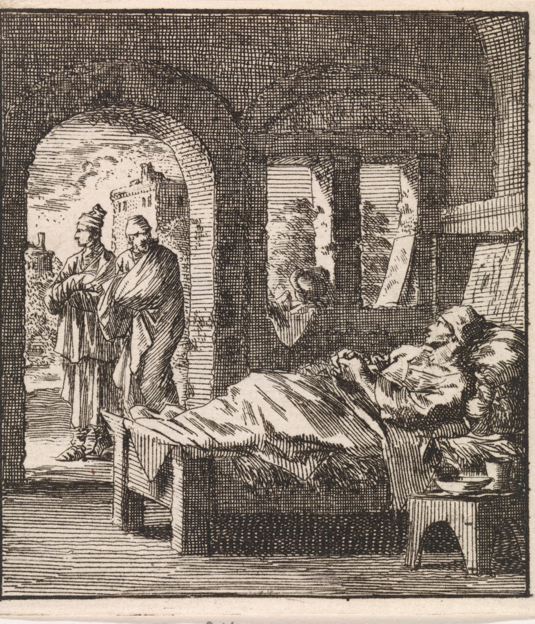Sick Man Lying Alone in Bed While Two Men Walk by Outside by Jan Luyken