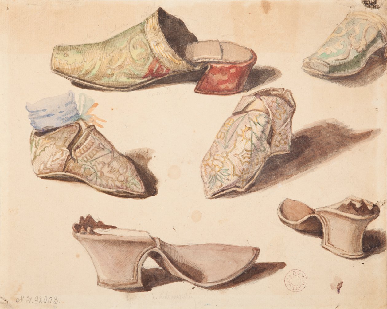 Costume Studies - Six Shoes Drawn During the Opening of Graves in the Church of the Carmelites in Wiśnicz by Jan Matejko