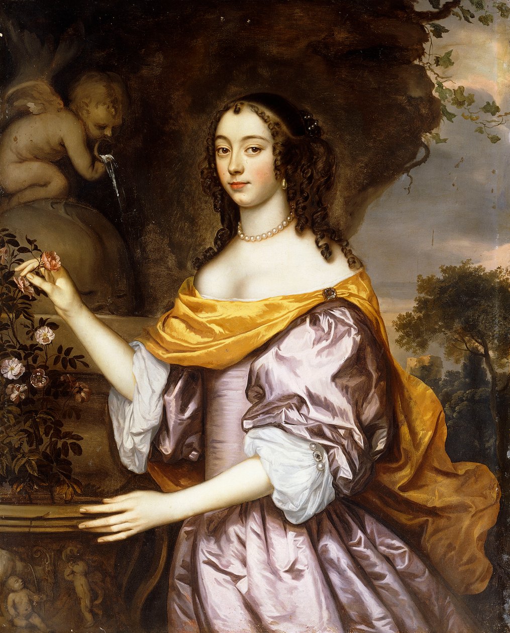 Portrait of a Lady, standing three-quarter length, wearing a Lavender Silk Dress and a Yellow Shawl by Jan Mytens