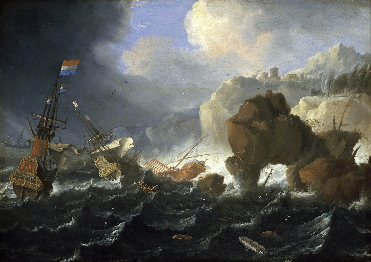 A Dutch ship and a galleon run aground on a rocky coast in the storm by Jan Peeters
