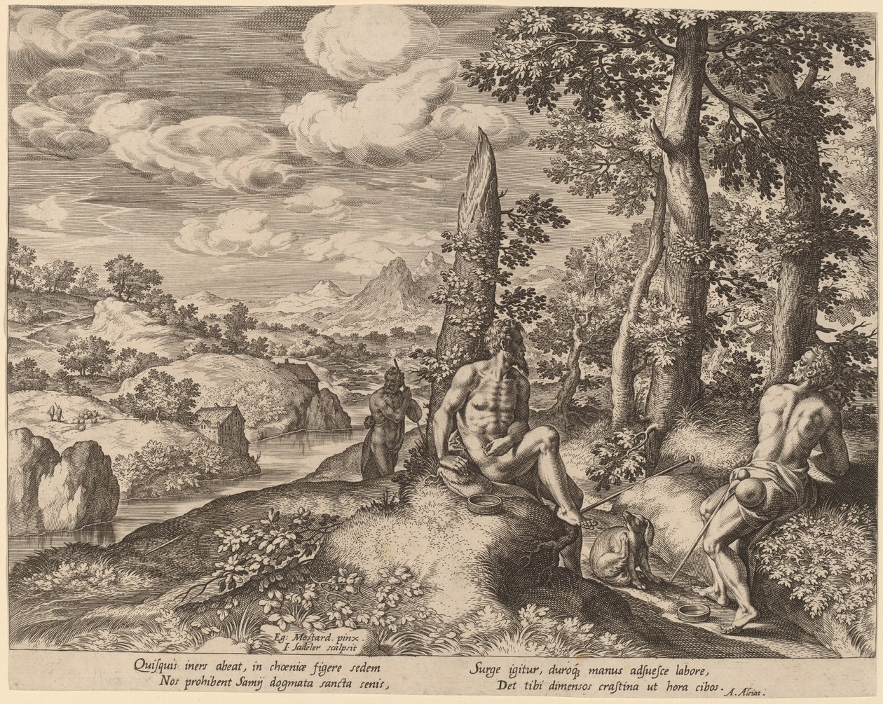 Landscape with Three Nude Men and a Dog by Jan Sadeler I after Gillis Mostaert
