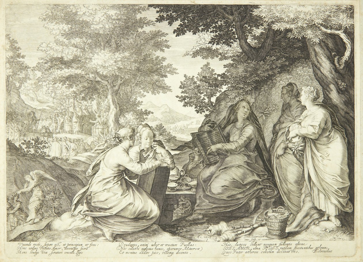 The Wise Virgins Gathered in a Landscape, in the Background John the Baptist Preaching by Jan Saenredam