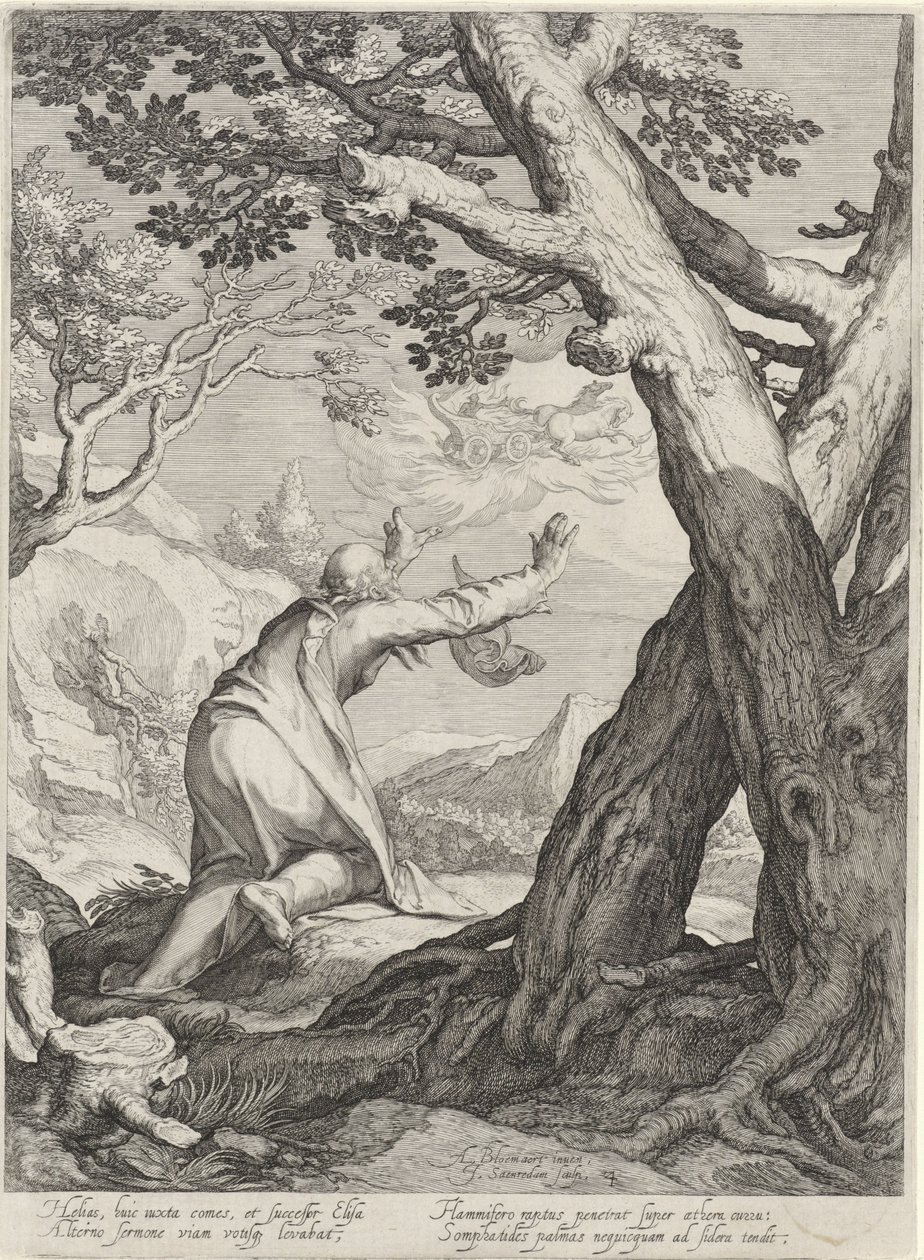 Elijah Leaves the World in a Fiery Chariot and Leaves His Mantle for Elisha (Four Scenes from the Lives of the Prophets Ahijah and Elijah) by Jan Saenredam