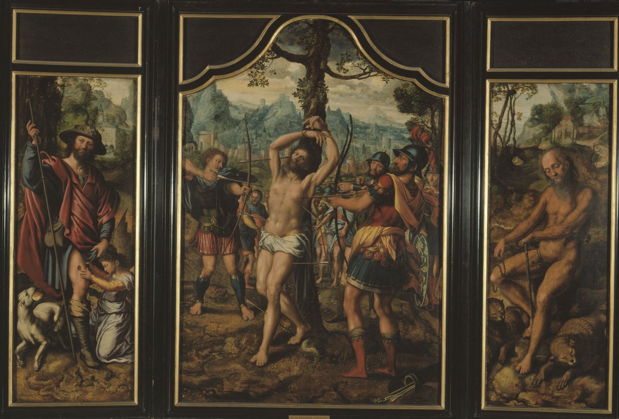 Triptych of the Martyrdom of Saint Sebastian (center panel): Saint Roch (left panel), Saint Onuphre (right panel), Saint Peter (reverse of right panel), Saint Stephen (reverse of left panel), between 1525 and 1566 by Jan Sanders van Hemessen