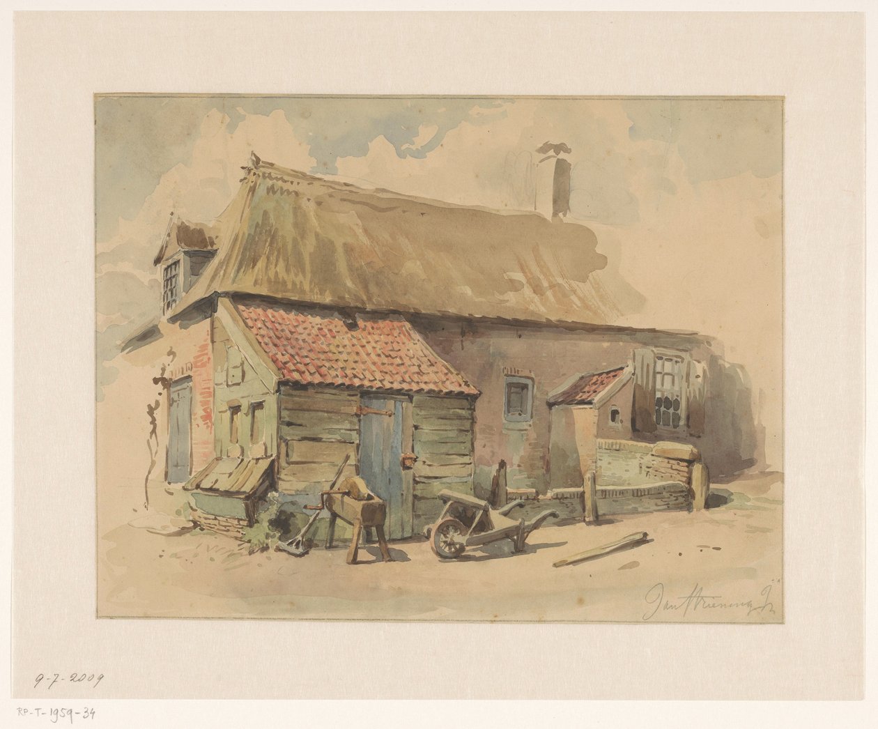 Peasant House with Wooden Extension, with a Wheelbarrow and a Grindstone in Front by Jan Striening