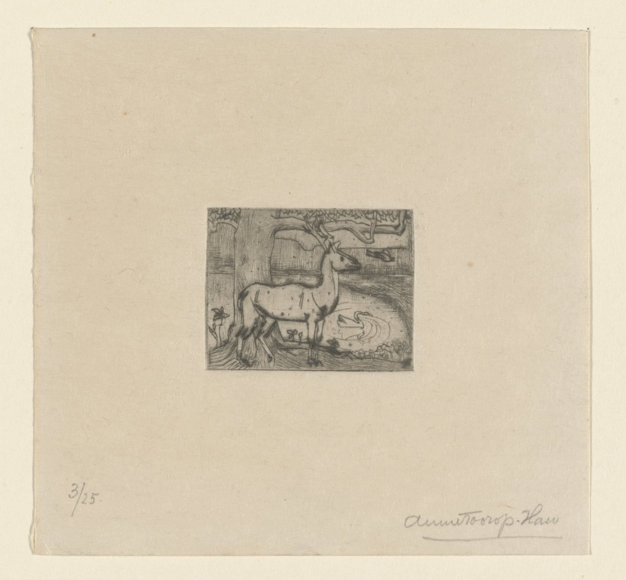 Deer by a Tree in Front of a Pond by Jan Toorop