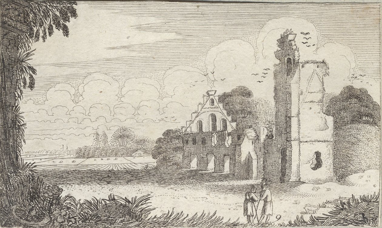 Landscape with a Church in Ruins and Two Shepherds in Conversation by Jan Van de Velde