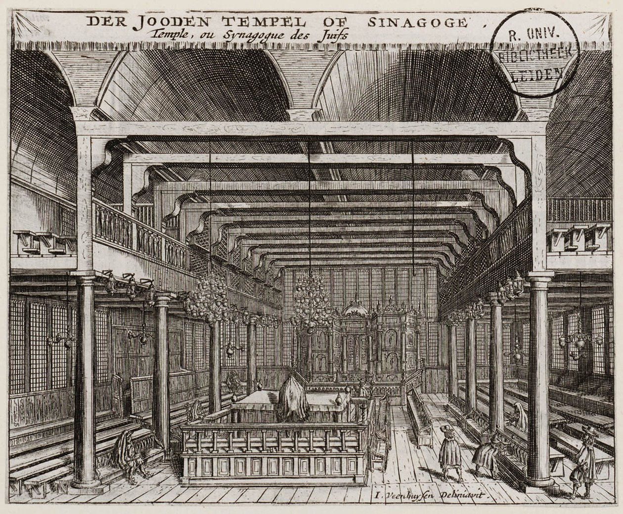 Interior of the Portuguese Synagogue in Amsterdam by Jan Veenhuysen