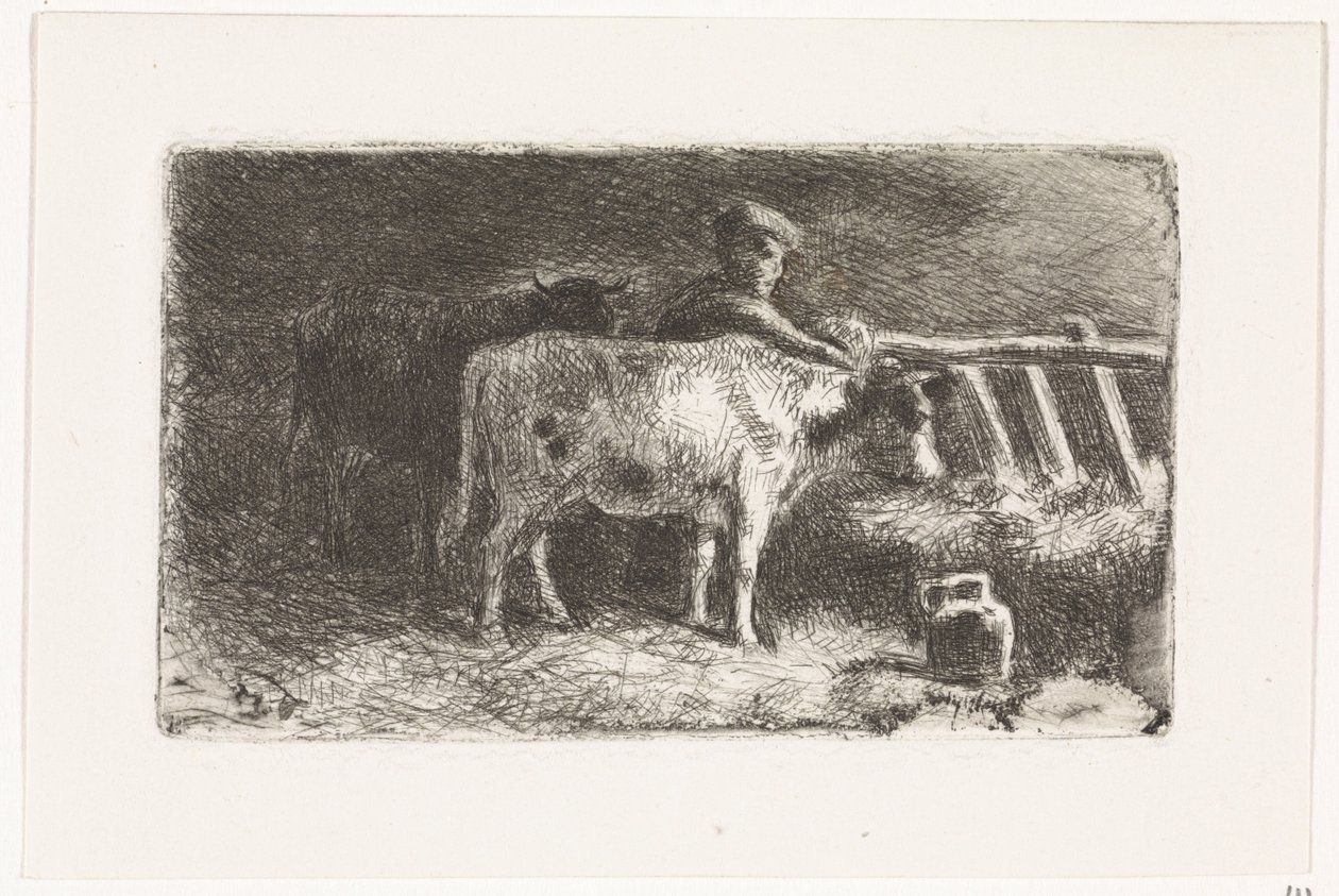 Farmer Between Two Cows by a Trough in a Stable (Small Variant) by Johannes Martinus Vrolijk