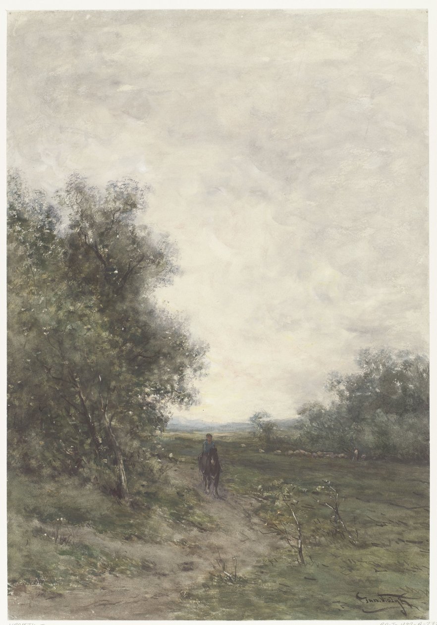 Landscape with a Rider and a Flock of Sheep with Shepherd by Johannes Martinus Vrolijk