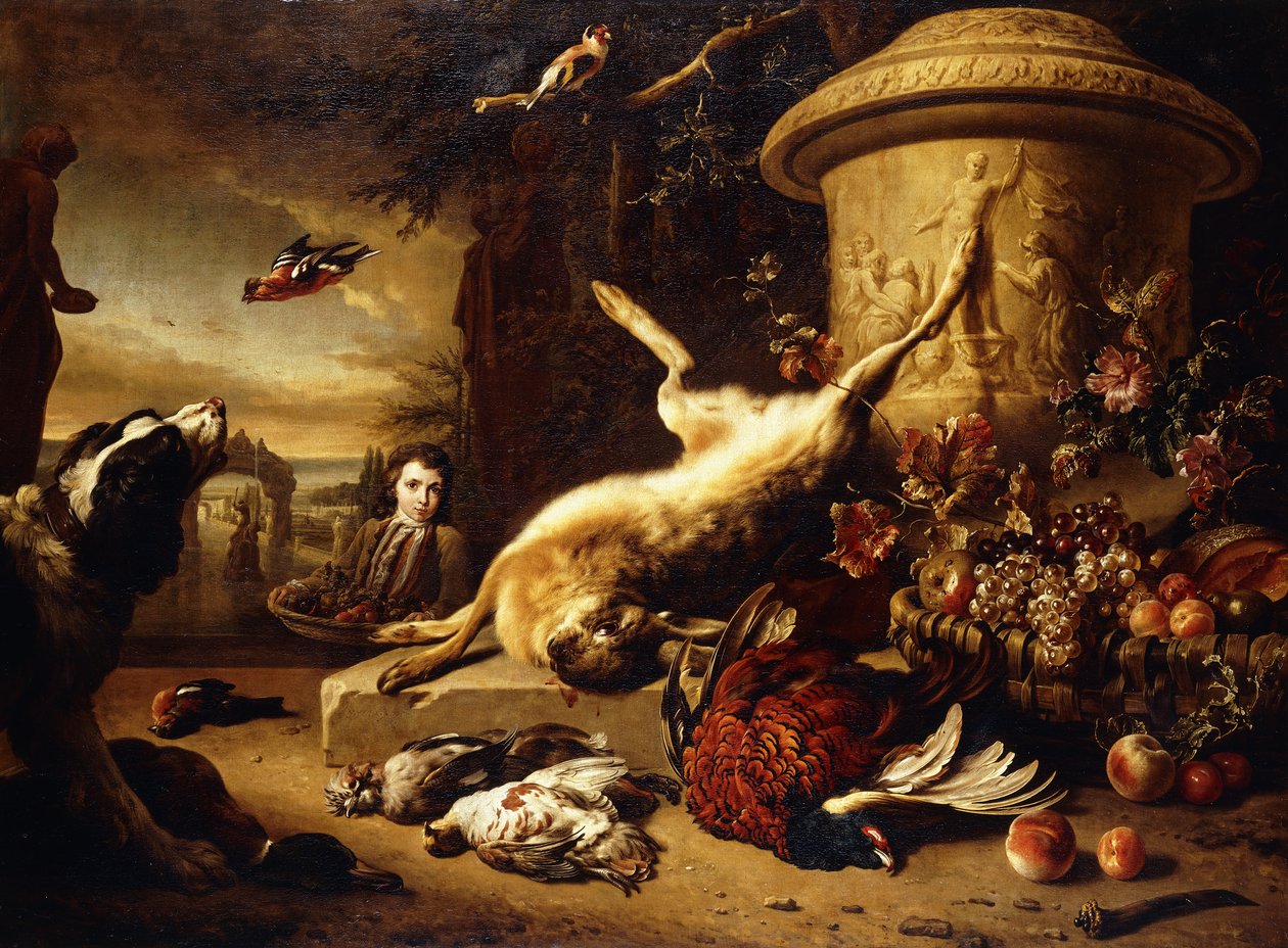 A dead Hare on a plinth by a sculpted Urn with a Basket of Fruit, a dead Pheasant, Mallard, Grouse, Jay and Chaffinch, a Dog watching a Goldfinch and a Boy bearing a Basket of Fruit in a Park by Jan Baptist Weenix