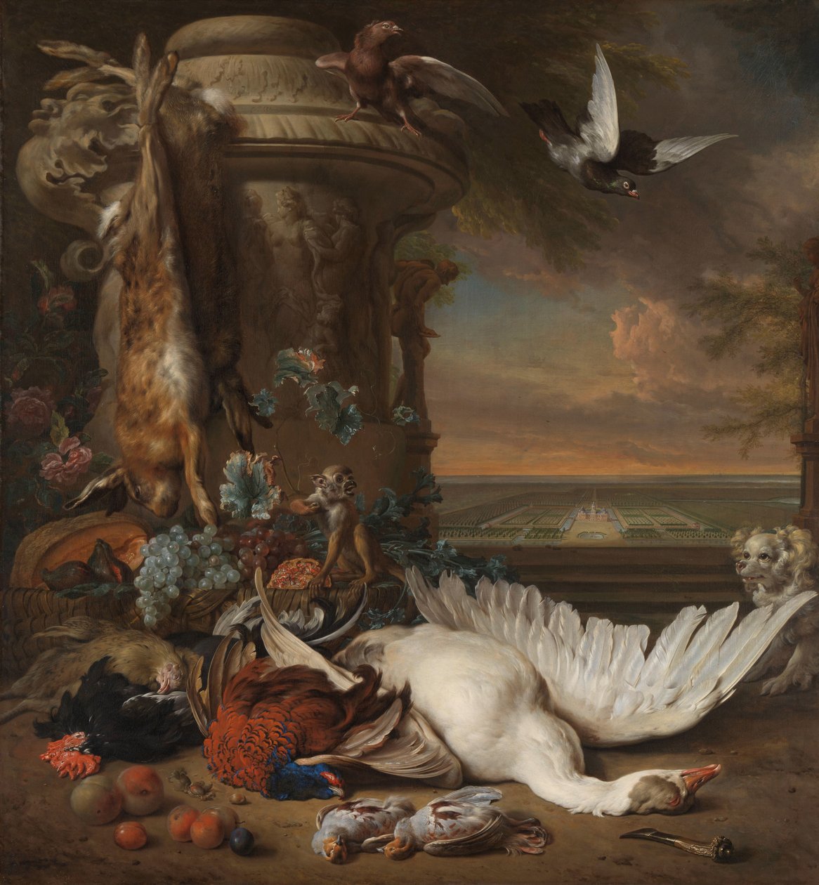 Hunting and Fruit Still Life next to a Garden Vase, with a Monkey, Dog and two Doves, in the distance Rijksdorp near Wassenaar, Seat of Jacob Emmery, Baron of Wassenaar by Jan Baptist Weenix