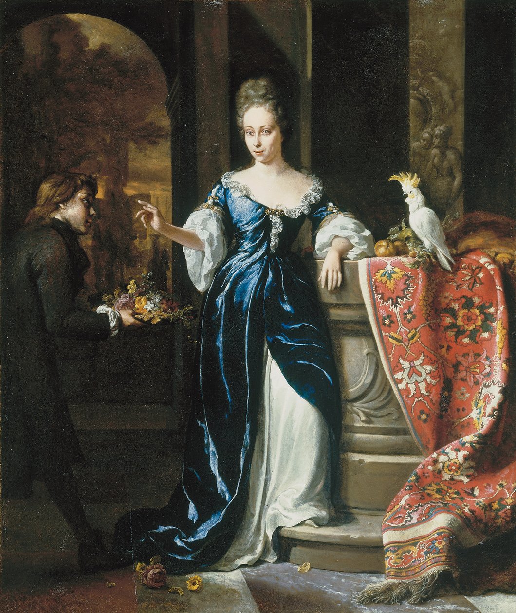 Portrait of Lodewina Schey in a Blue Dress, with an Attendant Bearing Flowers by Jan Baptist Weenix