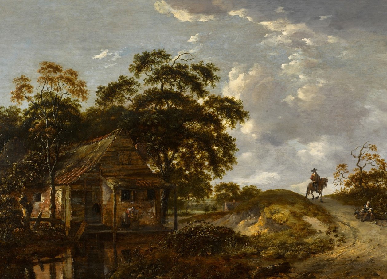 Landscape with a cottage by a river and a woman scouring a pot, a gentleman on horseback on a path by Jan Wijnants