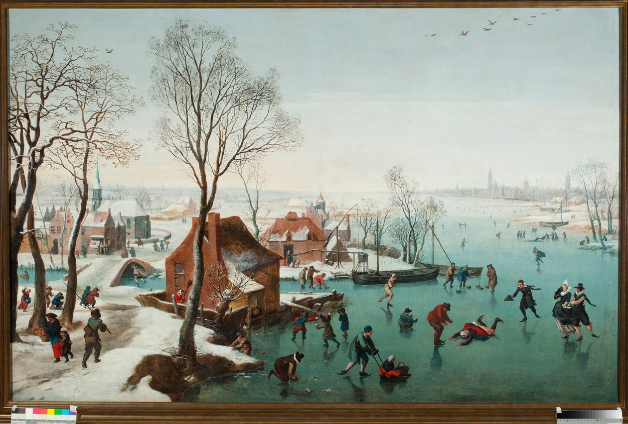 December, skaters on a lake by Jan Wildens