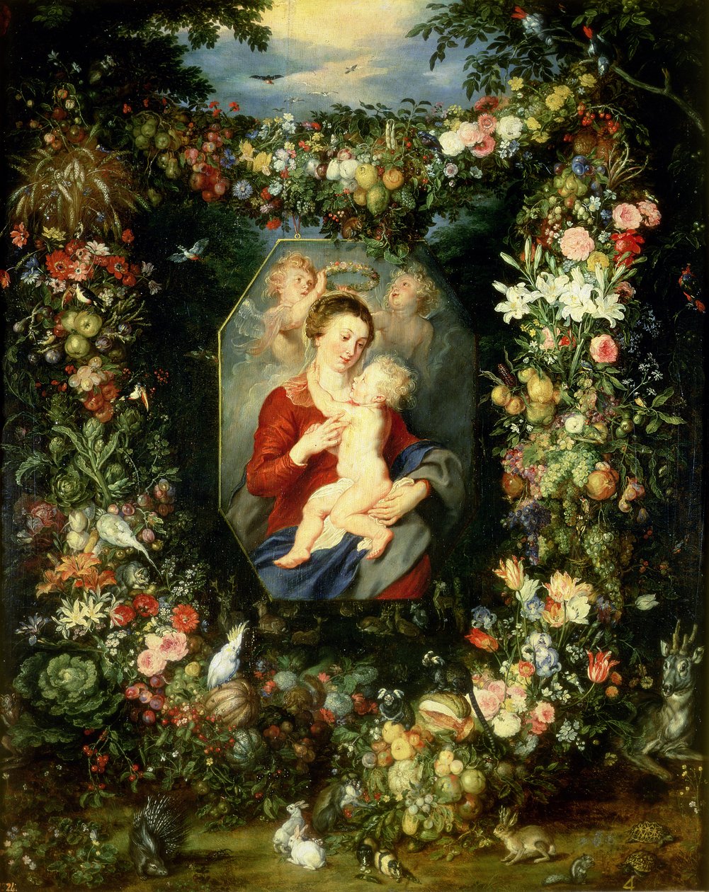 The Virgin and child in a garland of fruit and flowers by Jan and Rubens, P.P. Brueghel