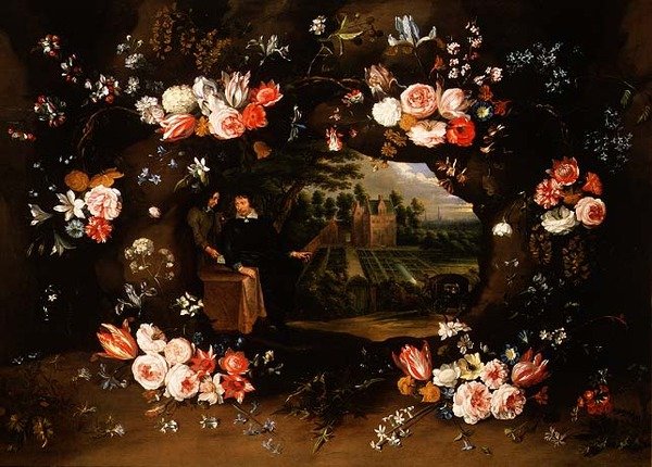Garland of Flowers Encircling a Medallion Representing Nicolas de Man in Front of His Property at Antwerp, 1653 by Jan and Uden Brueghel
