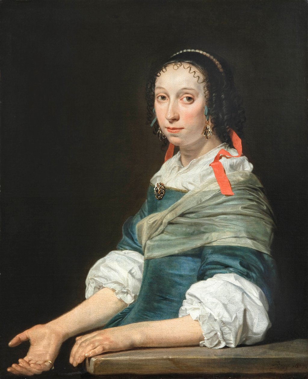 Portrait of a Lady with a Red Ribbon in Her Hair by Jan de Bray