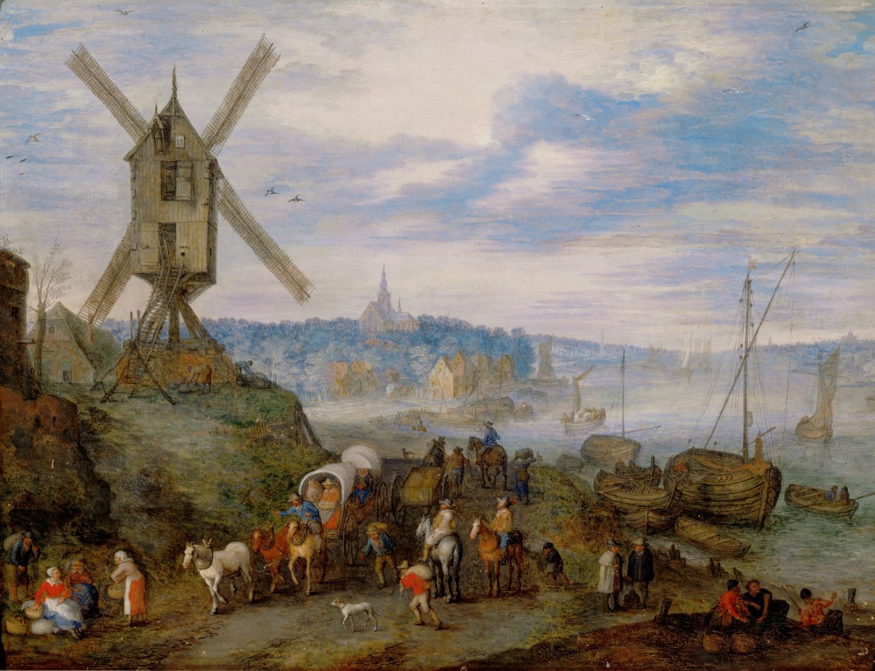 Seaport with windmill by Jan the Elder Brueghel