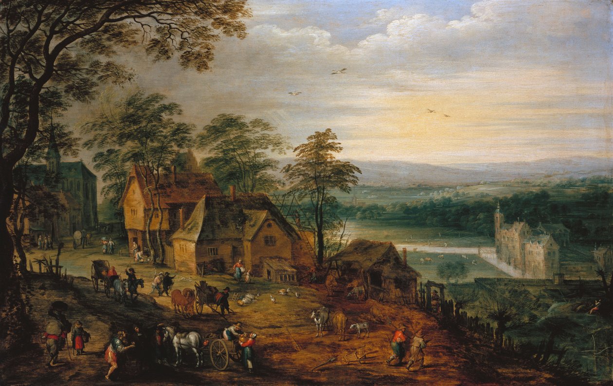 Village Street with Figures and Carts, a Moated Castle in the Background by Jan Brueghel the Younger