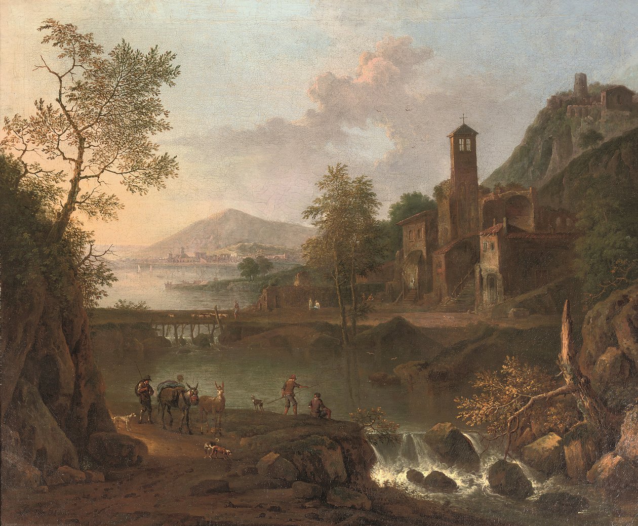 An Italianate River Landscape with a Muleteer and Anglers, a Hilltop Town Beyond by Jan van (studio of) Huijsum