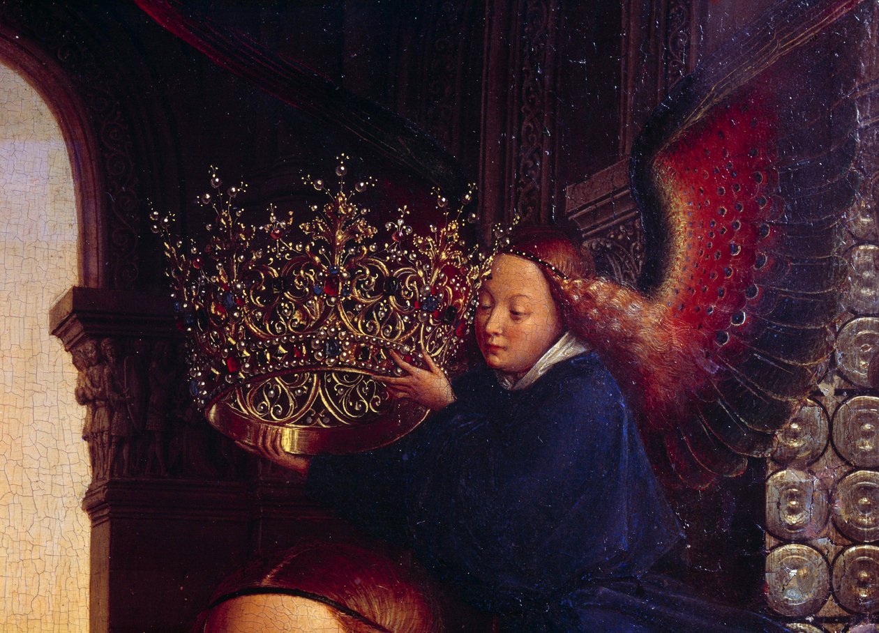 An angel crowning the Virgin. Detail of “” The Virgin of Chancellor Rolin””” Nicolas Rolin (1376-1461) was Chancellor of Burgundy under Philippe Le Bon and founder of the Hospices de Beaune in 1443. Painting by Jan van Eyck (1390-1441) by Jan van Eyck