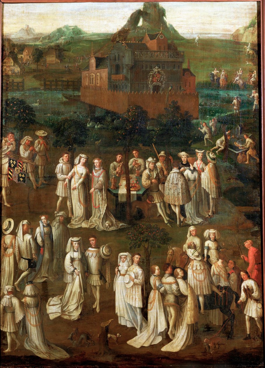 Court society in front of a Burgundian castle by Jan van Eyck
