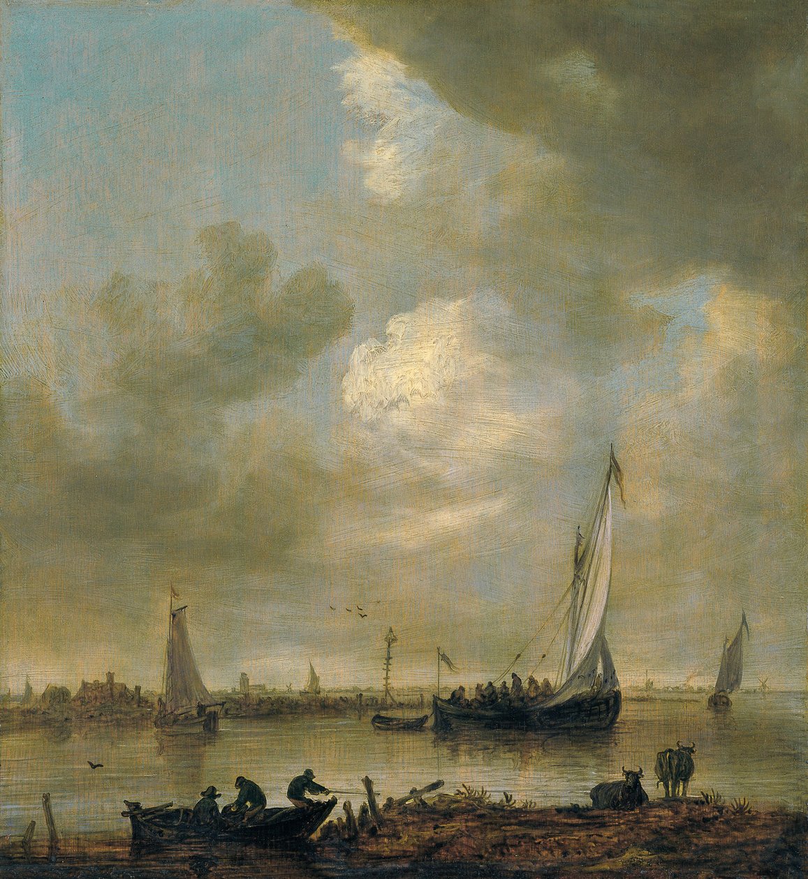A River Estuary with Smalschips, Fishermen, and Cattle Watering by Jan van Goyen