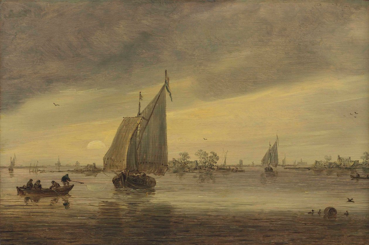 Sunrise over the Haarlemmermeer with a Schmalship and Other Boats by Jan van Goyen