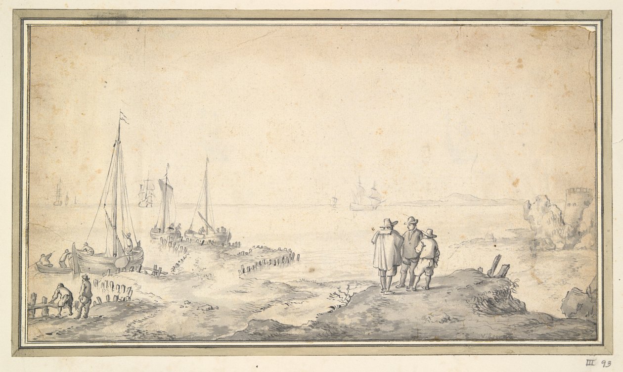 Three Figures on a Dune Overlooking Bay with Ships by Jan van Goyen