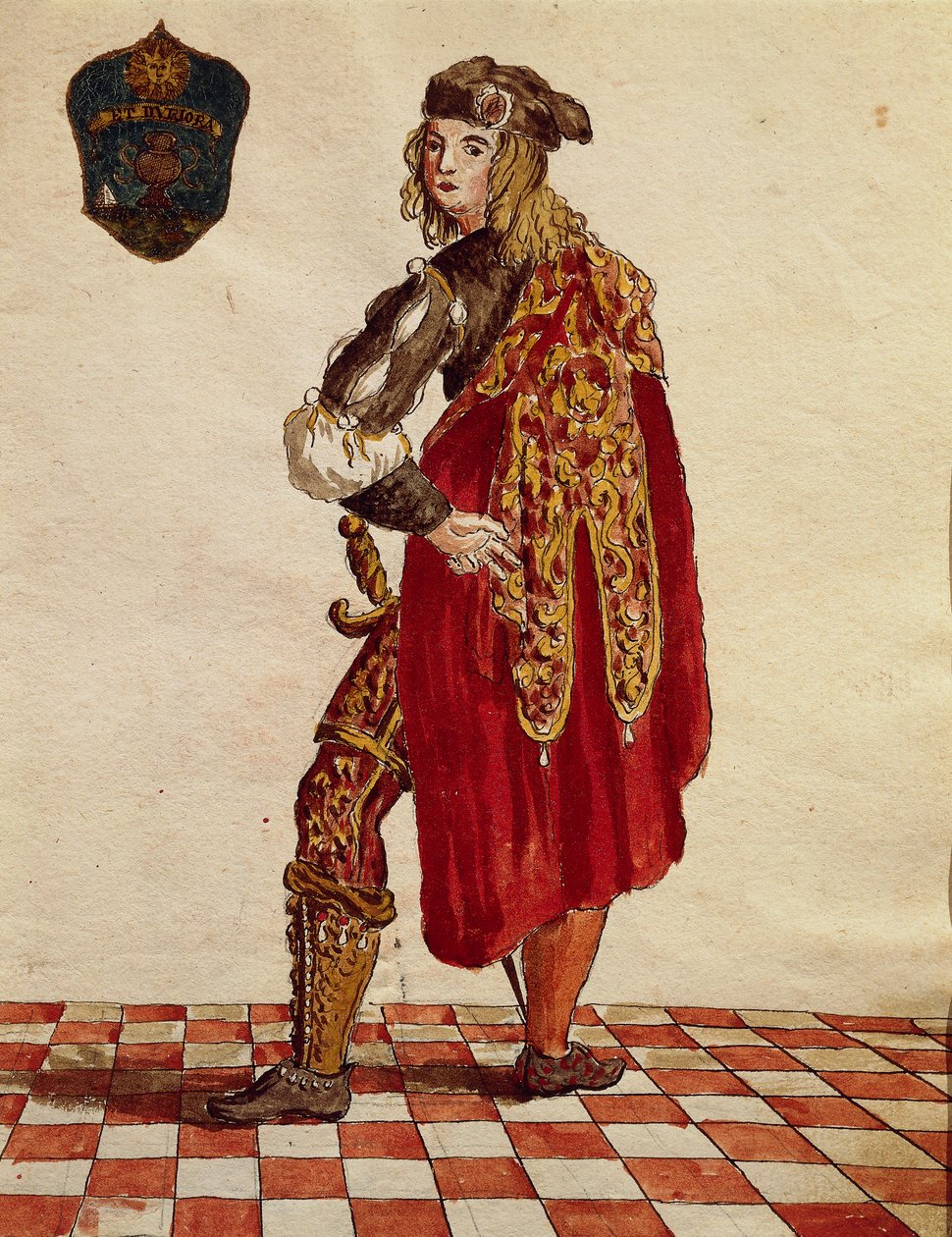 Suit of knight of Confraternity de la Calza (Stocking) in 1564, from illustrated book of costumes by Jan van Grevenbroeck