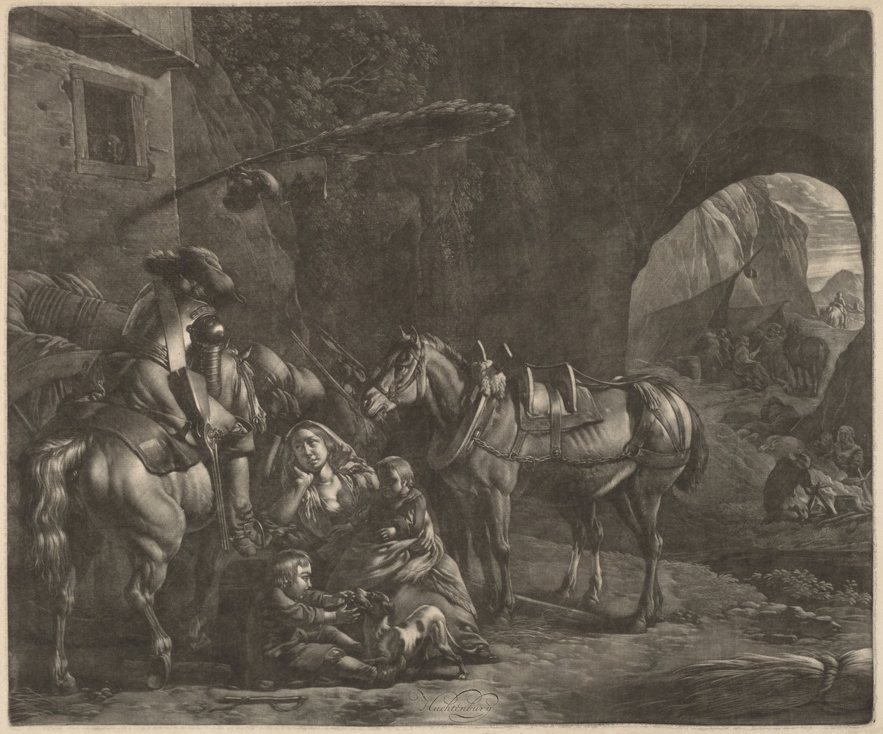 Mother with Two Children and a Horse in Front of an Inn by Jan van Huchtenburgh