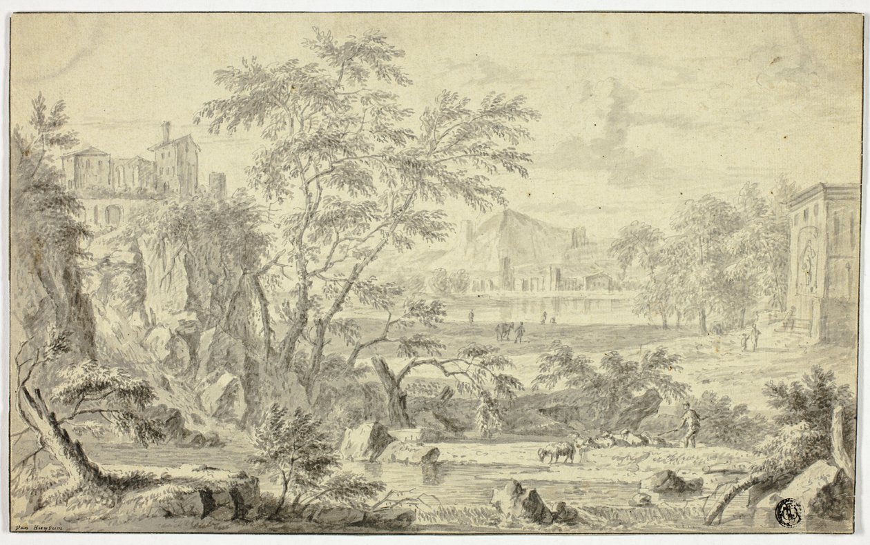 Italianate Landscape with Shepherd and Flock by Stream, Town in the Distance by Jan van Huysum