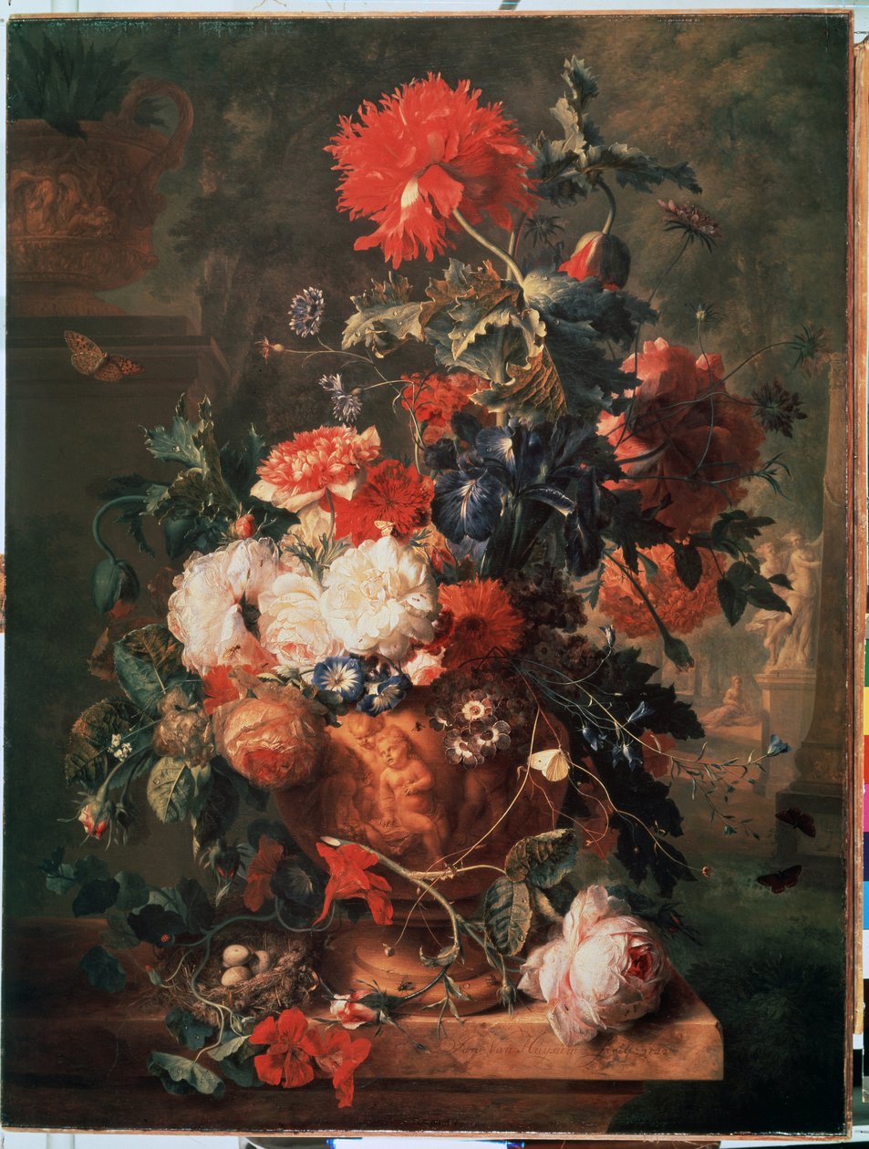 Flowers. Also depicted are a nest with eggs and insects (including butterfly, fly, ant, and ladybug). Painting by Jan van Huysum (1682-1749) 1722 Hermitage Museum, Saint Petersburg by Jan van Huysums