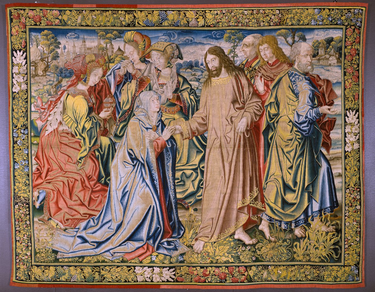 Flemish Tapestry. Series Heaven of Charles V. Christ is Saying Goodbye to His Mother. Cartoonist Jan van Coninxloo. Manufacture of Julien Portois, Mechelen (Malines). Ca 1521. by Jan van II Coninxloo